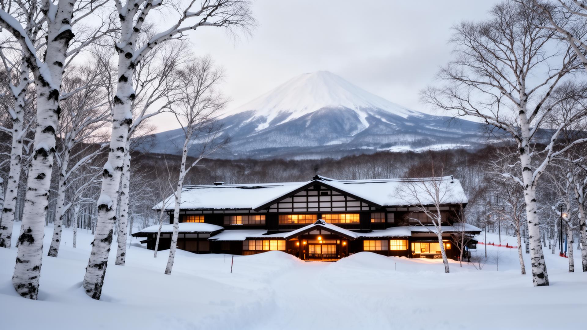 Niseko, Japan in deep powder snow with Mount Yotei in the distance