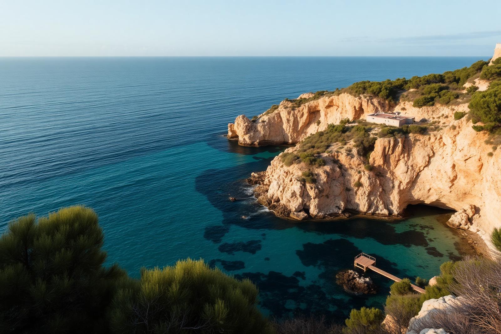 Hidden Ibiza cove with turquoise water and pine forest