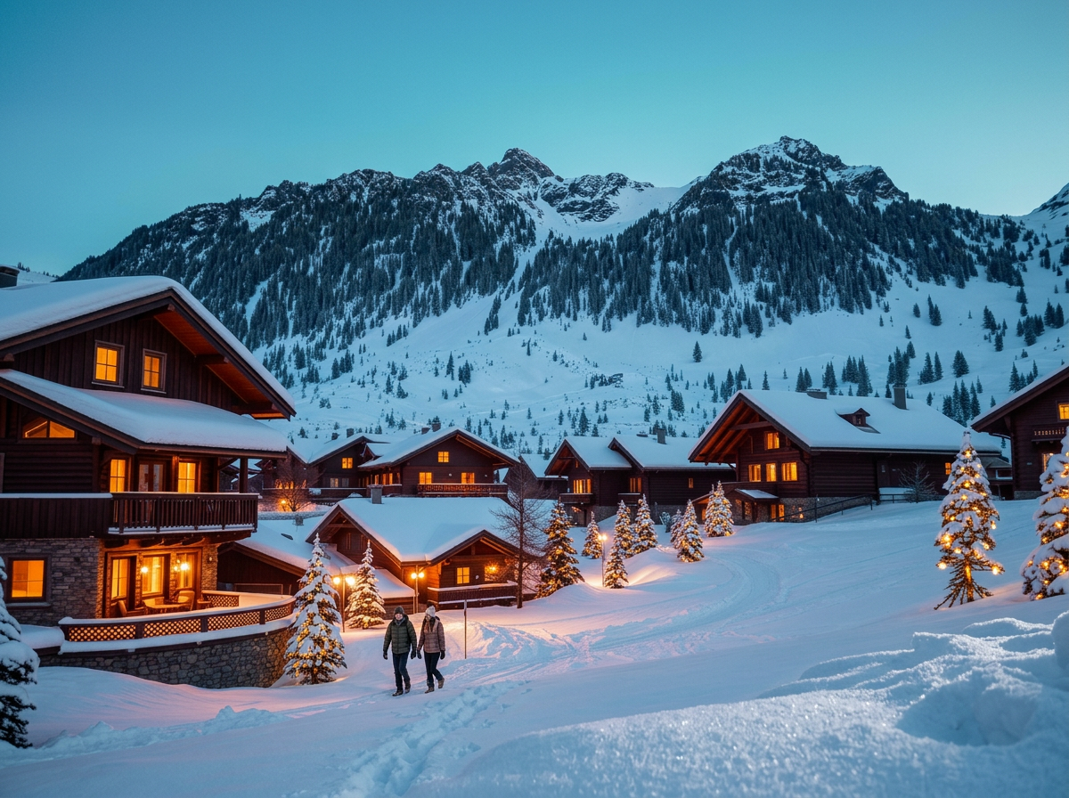 Snow-covered alpine village at twilight with chalets glowing