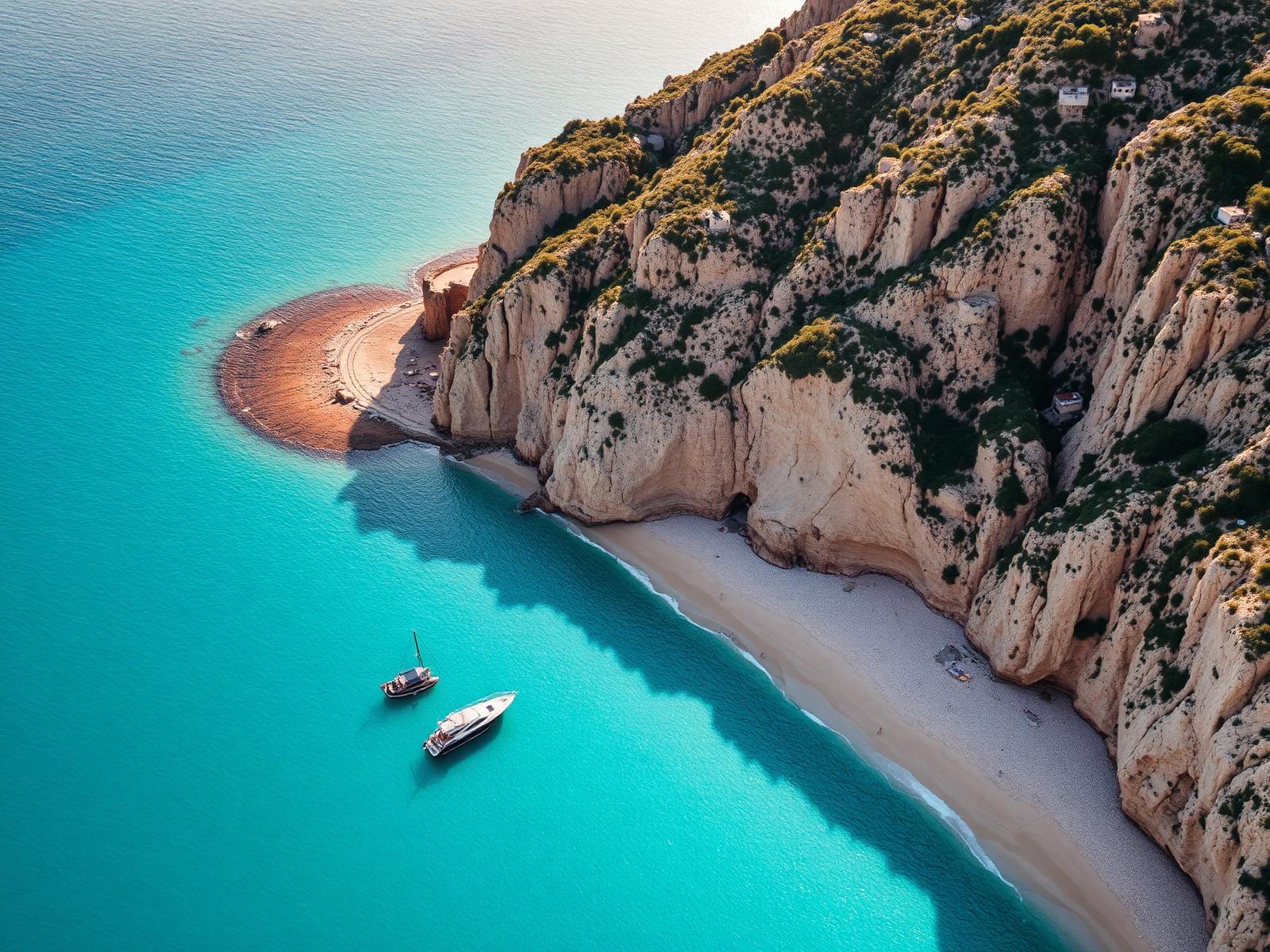 Mediterranean cove with turquoise water and a sailing boat