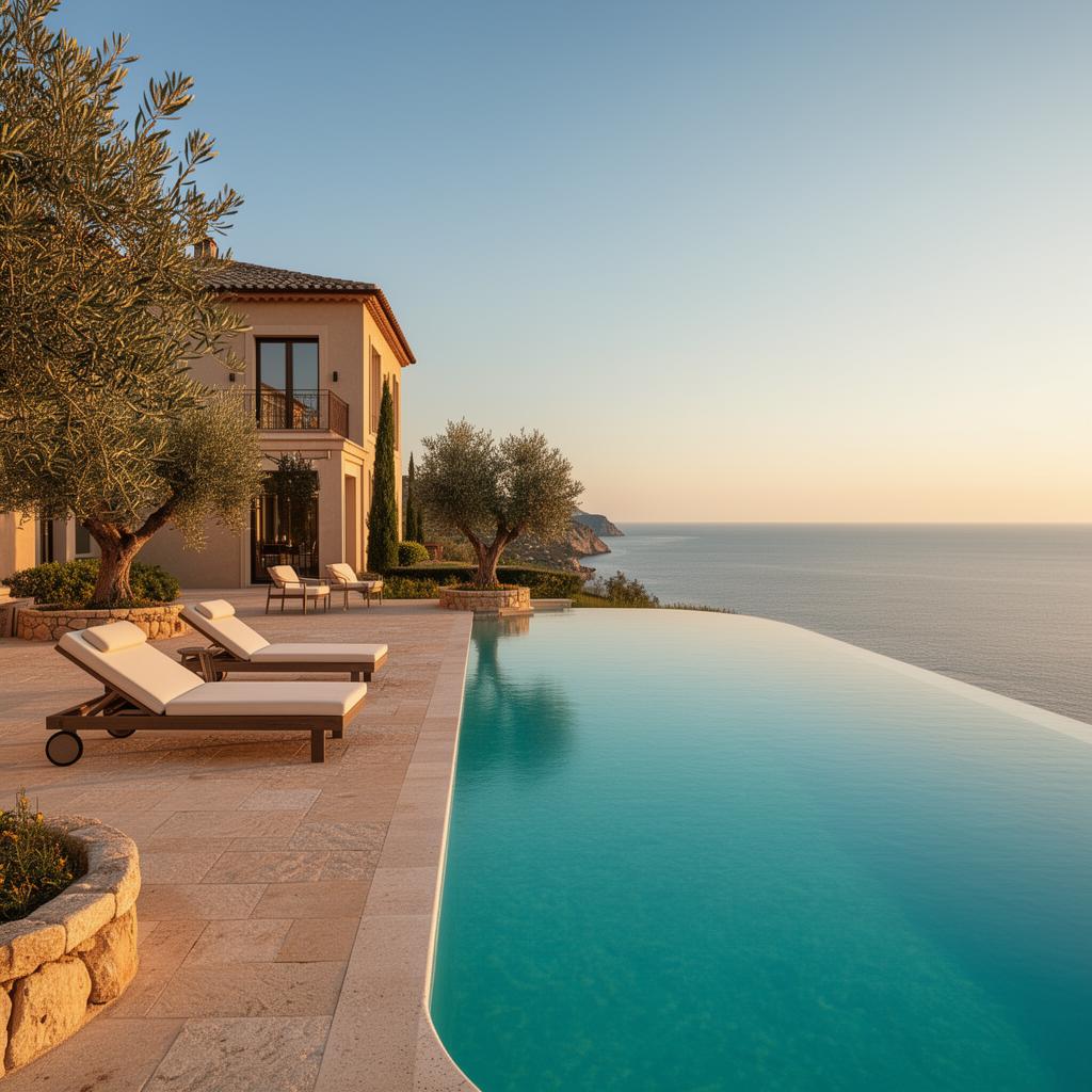 Mediterranean villa with infinity pool at golden hour
